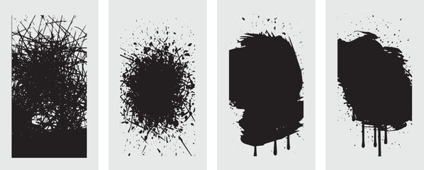 Set of four abstract grunge ink splash and stroke black paint isolated on transparent background design element for artistic creation and graphic design projects
