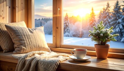 雪景色の見える窓際でコーヒータイムを楽しむ