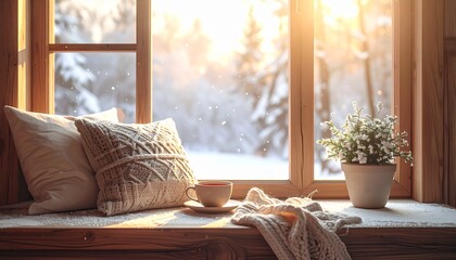 雪景色の見える窓際でコーヒータイムを楽しむ