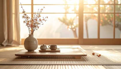 和室に置かれた生花とお茶のイメージ