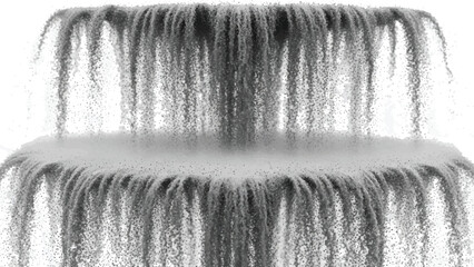 Cascading waterfall rendered in grayscale with water droplets and foam on a transparent background, creating a realistic and dynamic liquid flow effect