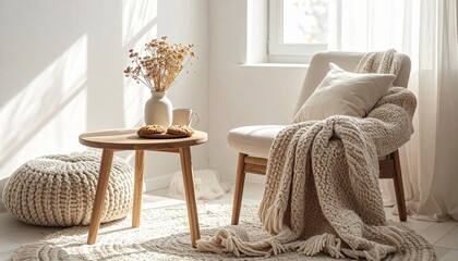 ナチュラルなニットのマフラー、ブランケットと手袋