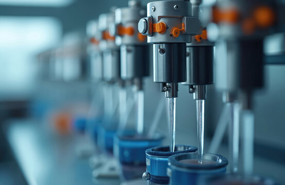 Automated lab equipment dispenses precise liquid volumes into sample cups. Multiple titrator units work in unison for analytical tasks. Scientific instruments for chemical testing and research.