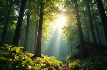 Obraz premium Sunlight filters through trees in woodland illuminating the forest floor. A small rustic cabin sits nestled among lush green vegetation on forest. Serene, tranquil scene evokes peaceful nature walks.