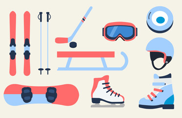 Winter Sports Equipment Set. Perfect for winter sports promotions, outdoor activity designs, infographics, posters, prints, web graphics, and seasonal advertising.