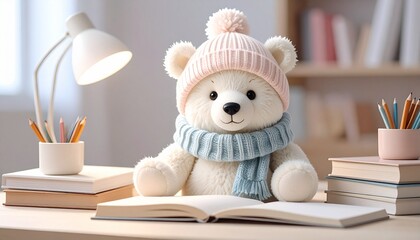 ノートを広げて勉強中のかわいいくまのぬいぐるみ