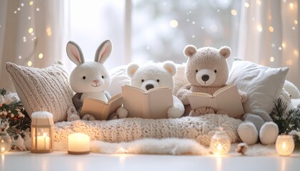 夜の読書を楽しむかわいいぬいぐるみたち、うさぎとくま