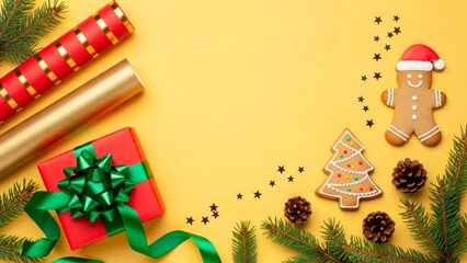  A Christmas gift, gift paper packaging, a fir branch with Christmas gingerbread on a bright yellow background. A place for the greeting text and your advertisement.