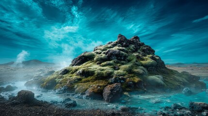 Steaming Geothermal Moss Mountain in Turquoise Landscape. AI generative