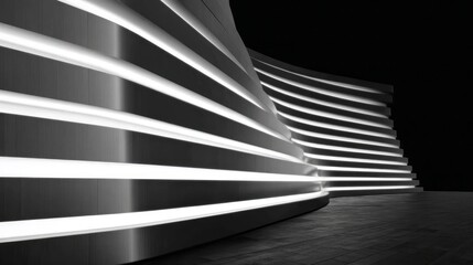 Modern Building Facade with Glowing Horizontal Light Stripes. AI generative