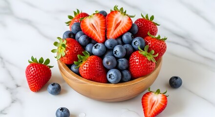 Fresh strawberries and blueberries in a wooden bowl on white marble background for healthy eating breakfast summer fruit dessert recipes