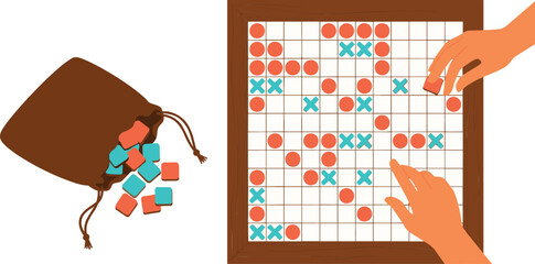 Wooden board game illustration with strategy tiles and players hands, abstract tabletop gaming concept flat vector design