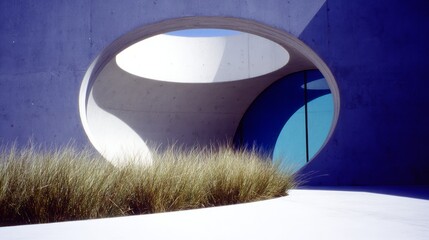 Futuristic circular concrete facade with blue window and grass courtyard. AI generative