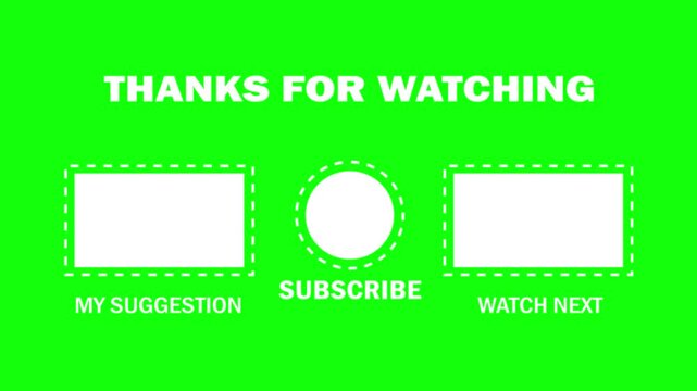 Animated video end screen with text thank you for watching watch next for more videos and with animated subscribe button for content creators or viewers with green background, 4k video