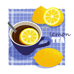 cup of tea with lemon. close-up of an invigorating drink, whole and sliced lemon. flat drawing with texture. stock vector illustration. EPS 10.