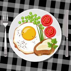 breakfast with fried eggs, tomatoes, and a sandwich on a plate, close-up, top view. flat drawing with texture. stock vector illustration. EPS 10.