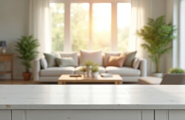 Fototapeta premium Empty white wooden table foreground. Bright living room background with sofa, coffee table, plants, large windows. Natural light fills scene. Perfect for product placement.