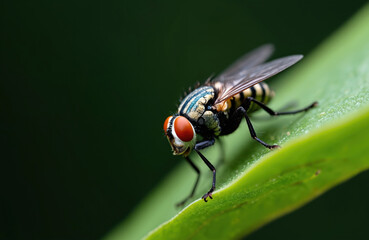Macro view of housefly on green leaf, red eyes prominent. Insect shows striped abdomen, delicate wings, hairy legs. Details of common fly in wild nature background.