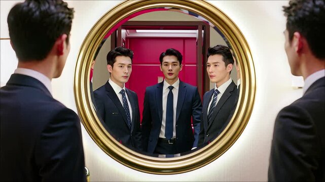 Businessman in suit looking into a gilded oval mirror contemplating his reflection seriously