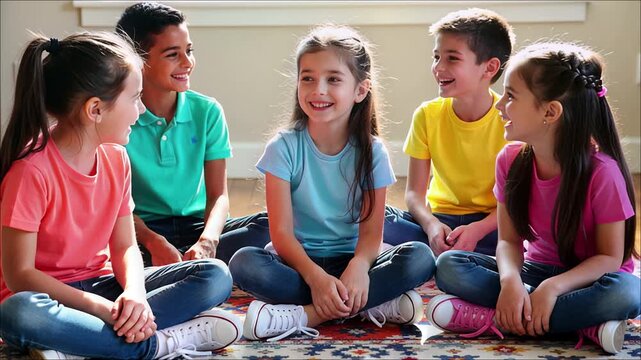 Five diverse children sitting cross legged indoors smiling brightly wearing colorful t shirts and jeans
