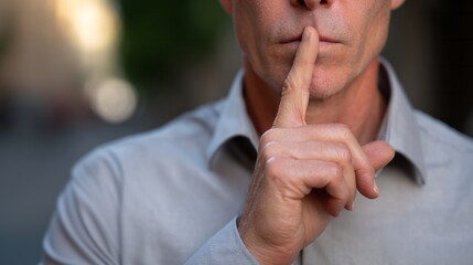 Disagree gesture man keeping a secret, finger on lips for quiet gesture, asking for silence and confidentiality in privacy