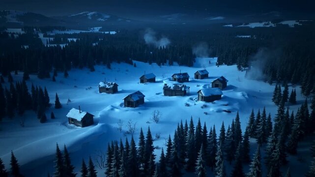 High-angle aerial shot of tiny wooden huts lost in a vast frozen wilderness, blue night light and drifting snow emphasizing isolation, fragility, and haunting silence.