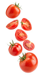 Fototapeta premium Fresh tomatoes in various cuts and whole falling isolated on transparent background