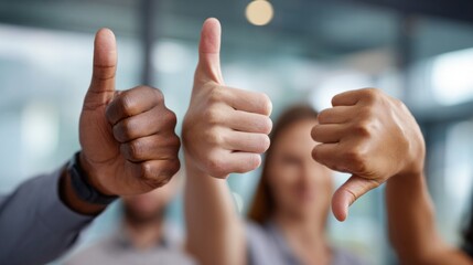 Disagree gesture diverse hands showing thumbs up and thumbs down, indicating approval, disapproval, choice, opinion, and consensus among a group