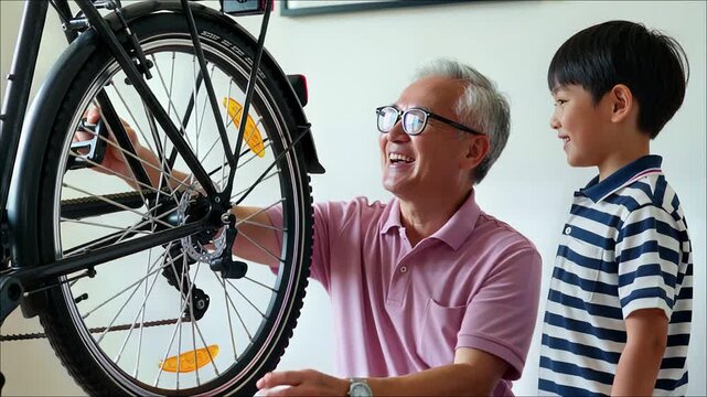 Smiling grandfather adjusts rear bicycle wheel spokes while grandson watches indoors