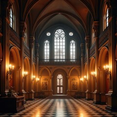 Majestic gothic hall illuminated by golden light from numerous ornate sconces and tall windows