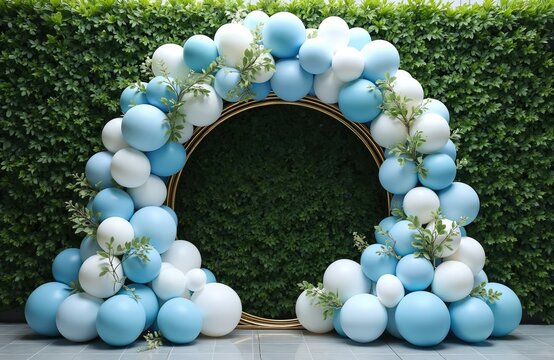 Blue, white balloons form arch around circular frame. Green foliage makes up backdrop for this festive party decoration. Perfect for celebrations like birthdays baby showers weddings or anniversaries.