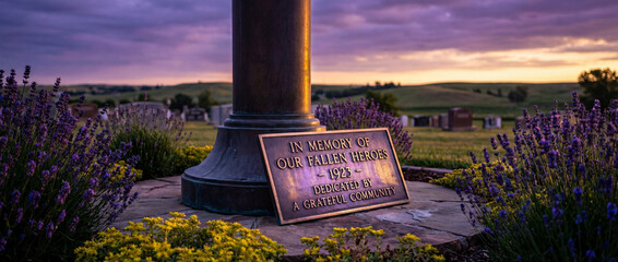 Memorial honoring fallen heroes with sunset backdrop