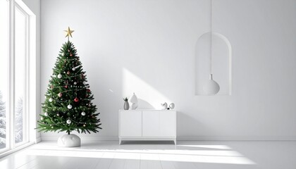 Christmas tree stands in bright room with white walls and minimal decor, showing festive spirit during holiday season