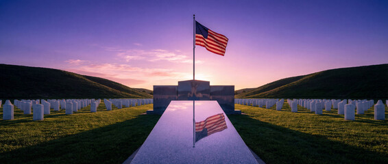 Sunset at military cemetery with American flag waving