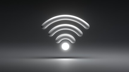 Stylized 3D Wi-Fi signal icon with glowing metallic curves and circle base on dark gradient background, symbolizing wireless internet access and modern digital connectivity in sleek abstract form