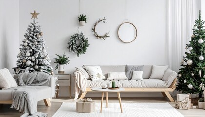 Holiday decorations fill a cozy living room with trees, wreaths, and festive items in a bright indoor space