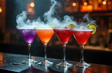 Naklejka na ściany i meble Colorful cocktails with ice and lime garnish emit wisps of smoke. Drinks sit on a bar top with blurred lights in background. These are mystical bar beverages.