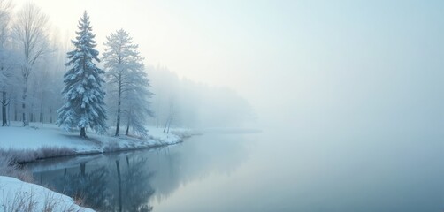 Fototapeta premium Snow covered fir trees stand beside calm water reflecting misty forest landscape. Cold morning fog obscures distant woods and water surface. Soft gentle light illuminates serene winter scene.