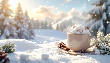 Hot drink with marshmallows sits on wooden board in snowy landscape during winter afternoon with sunlight shining through trees