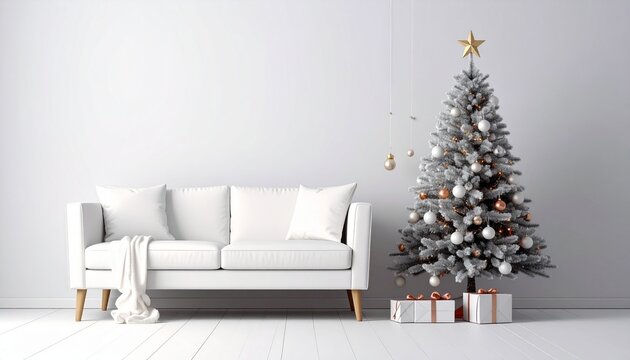 Cozy living room setup with a Christmas tree and presents in a simple home space