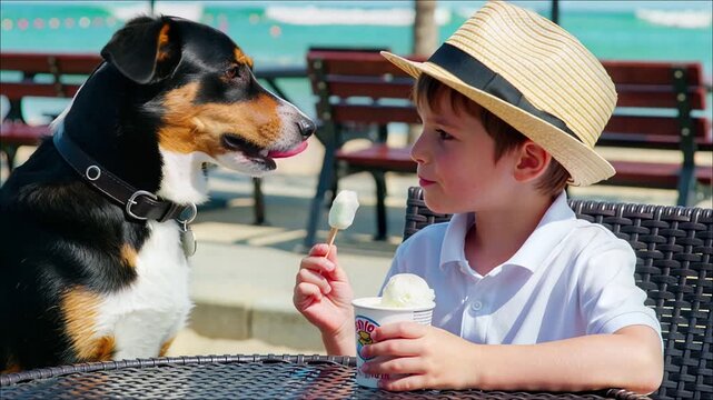 Young boy in straw hat shares ice cream moment with loyal dog near bright blue water