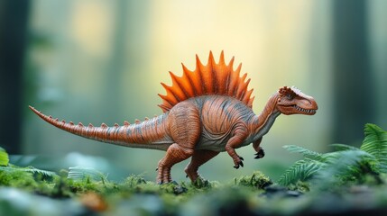 A prehistoric dinosaur in a misty forest brings the ancient era to life, providing an excellent backdrop for educational projects about nature.