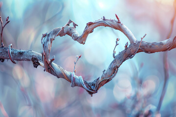 Twisted vine branches form a heart shape against a soft blurred background, creating a romantic and serene atmosphere, perfect for expressing love and connection in nature. Valentine's Day concept