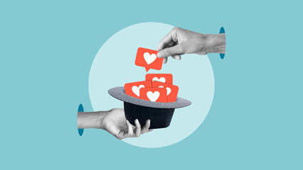 Creative Visual of Social Media Dependence and Constant Search for Likes. Social Media Engagement and Addiction Concept with Likes Falling into Hat