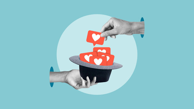 Creative Visual of Social Media Dependence and Constant Search for Likes. Social Media Engagement and Addiction Concept with Likes Falling into Hat