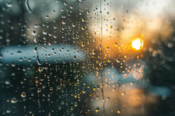 Close-up of raindrops on a window, soft warm early spring light outside, blurred trees and melting snow in background, calm atmospheric transition mood