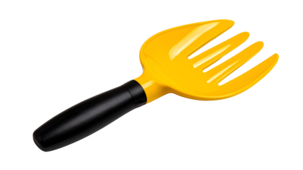 Bright yellow plastic garden cultivator tool with a textured black ergonomic handle