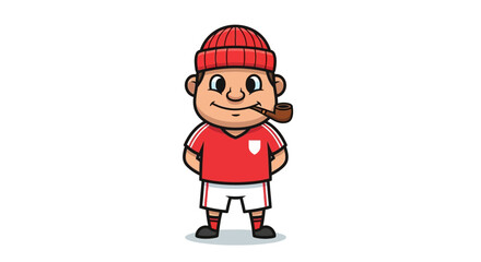 Cartoon illustration of a cheerful boy with a pipe and wearing a red beanie isolated on white