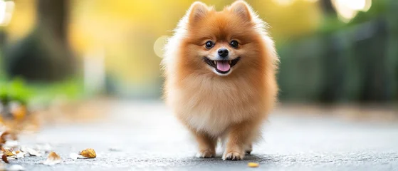 Fotobehang Dierenarts A fluffy dog smiles on a walk—the perfect gentle backdrop for blogs about pets or pet products.  © COK House