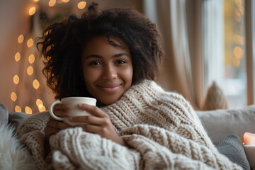 Young black African American woman with curly hair wrapped in a cozy knitted blanket, holding a warm cup, sitting on a sofa surrounded by festive decorations, ideal for seasonal lifestyle content